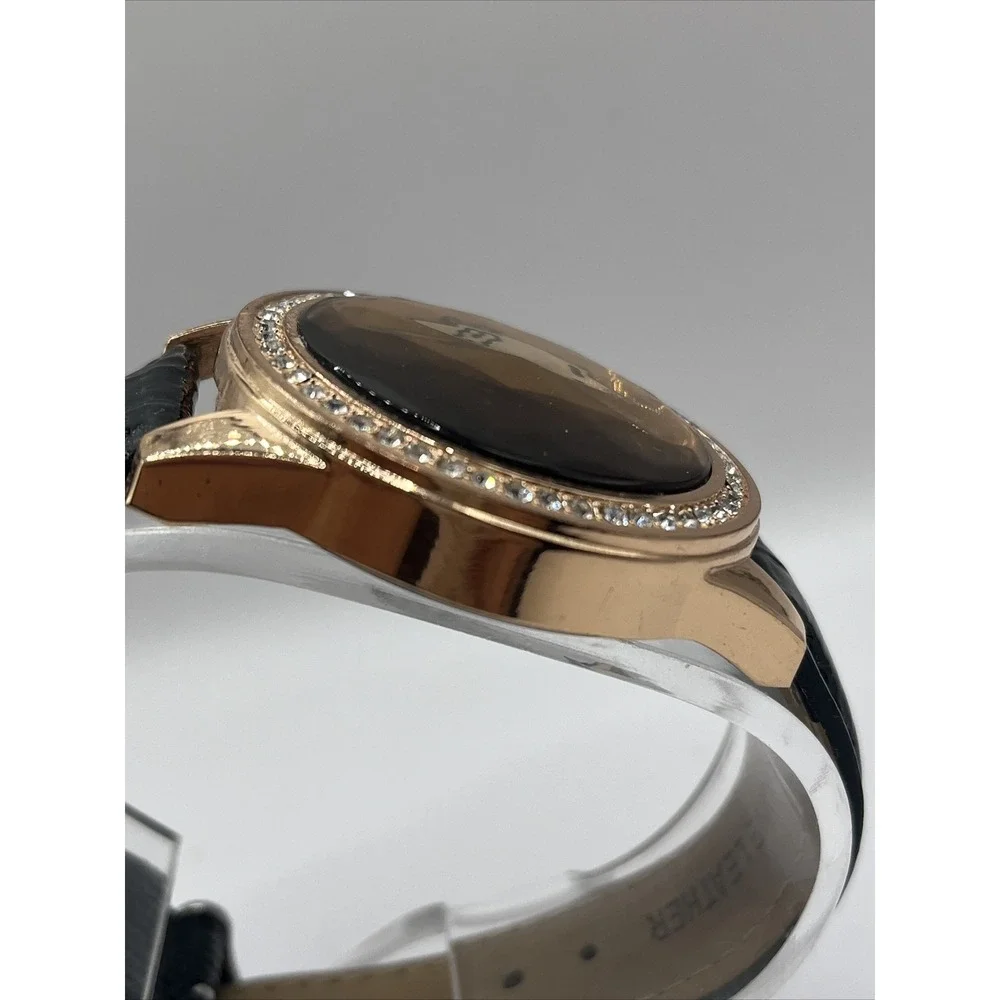 IBELI Women's Watch Eifel Tower Black Leather Band Rhinestone Bezel- New Battery